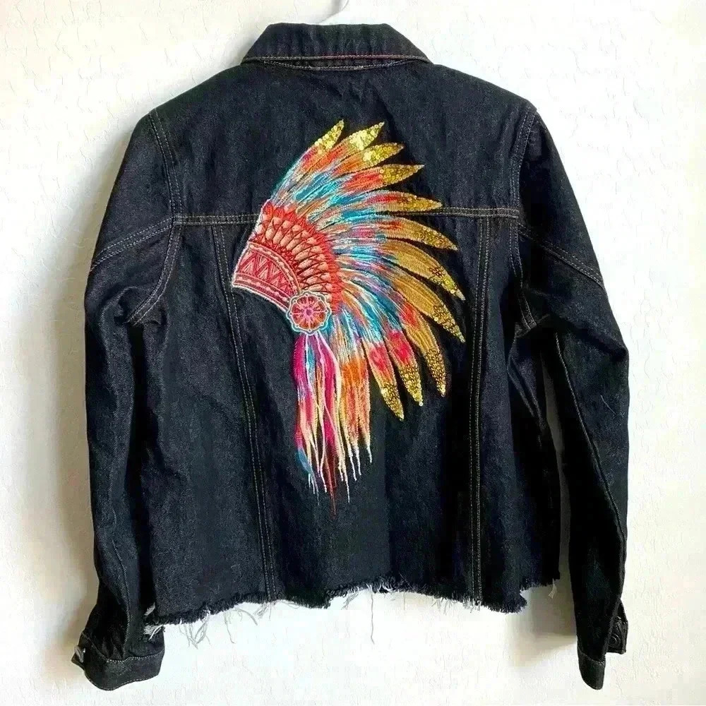 Dark Wash Denim Jacket with Multicolor Feather Headdress Embroidery